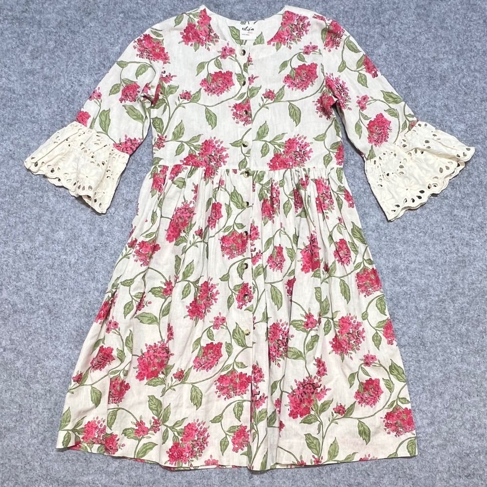 Utsa Kids Floral Button Front Dress Pink Green Eyelet Bell Sleeve Youth 11/12